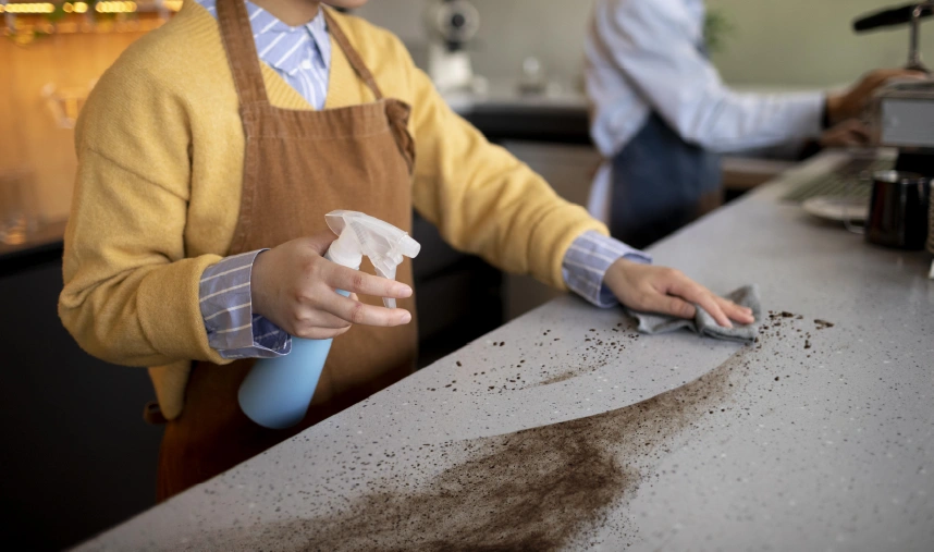 Person cleaning dusty counter