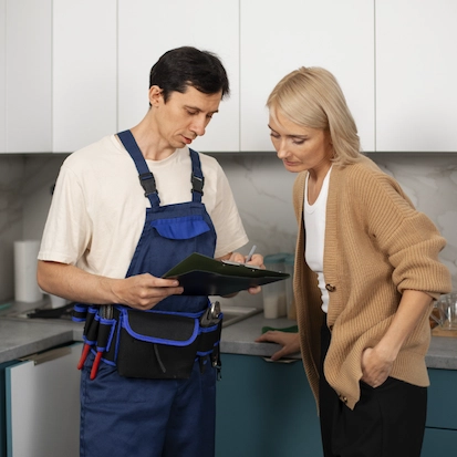 Worker showing clipboard to client