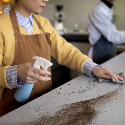 Person cleaning dusty counter