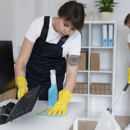 Cleaner wiping office desk