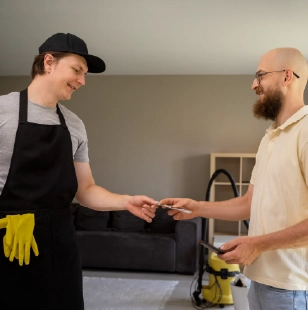 Customer paying cleaning professional